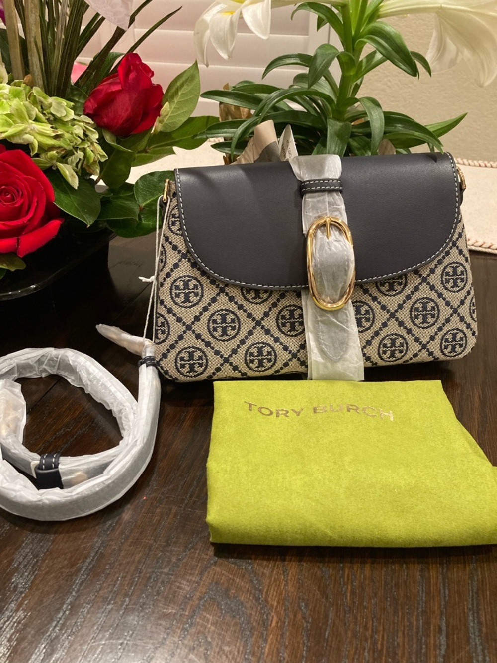 Tory Burch Navy and Beige Logo Crossbody Saddle Bag with Gold Buckle